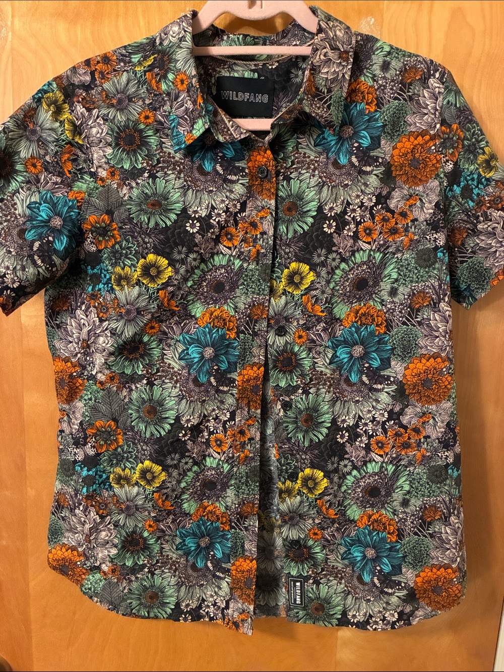 Wildfang Floral Button-Down Shirt — Teal, Orange, Yellow, Cream on Black Sz M
